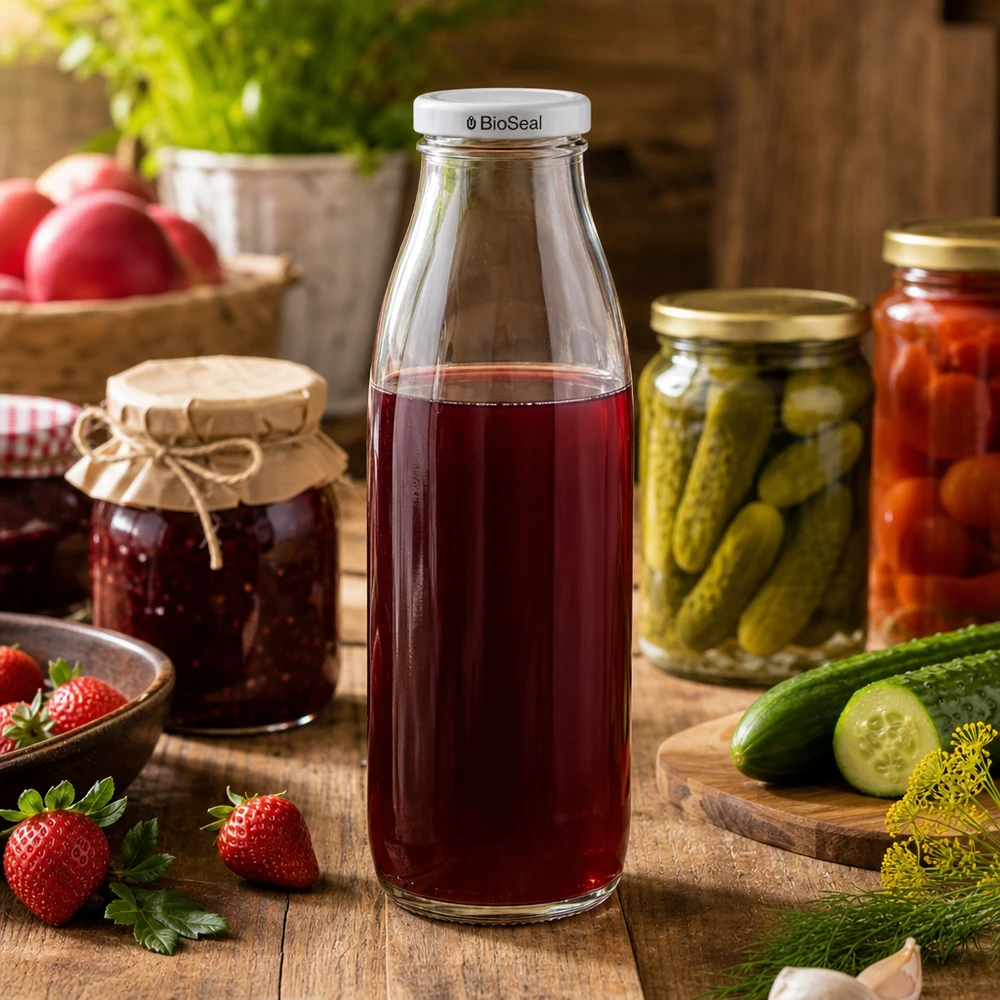 Szklana butelka o pojemności 500 ml wypełniona czerwonym sokiem, z białą pokrywką BioSeal, otoczona słoikami i świeżymi ogórkami.