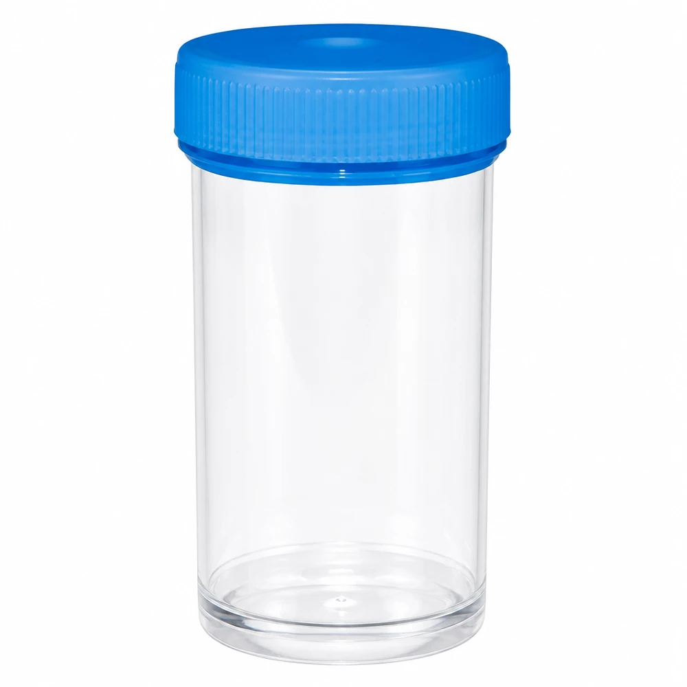 Uniwersalny plastikowy słoik (naczynie) 50 ml Przezroczyste plastikowe opakowanie o pojemności 50 ml z niebieską zakrętką, przeznaczone do próbek medycznych