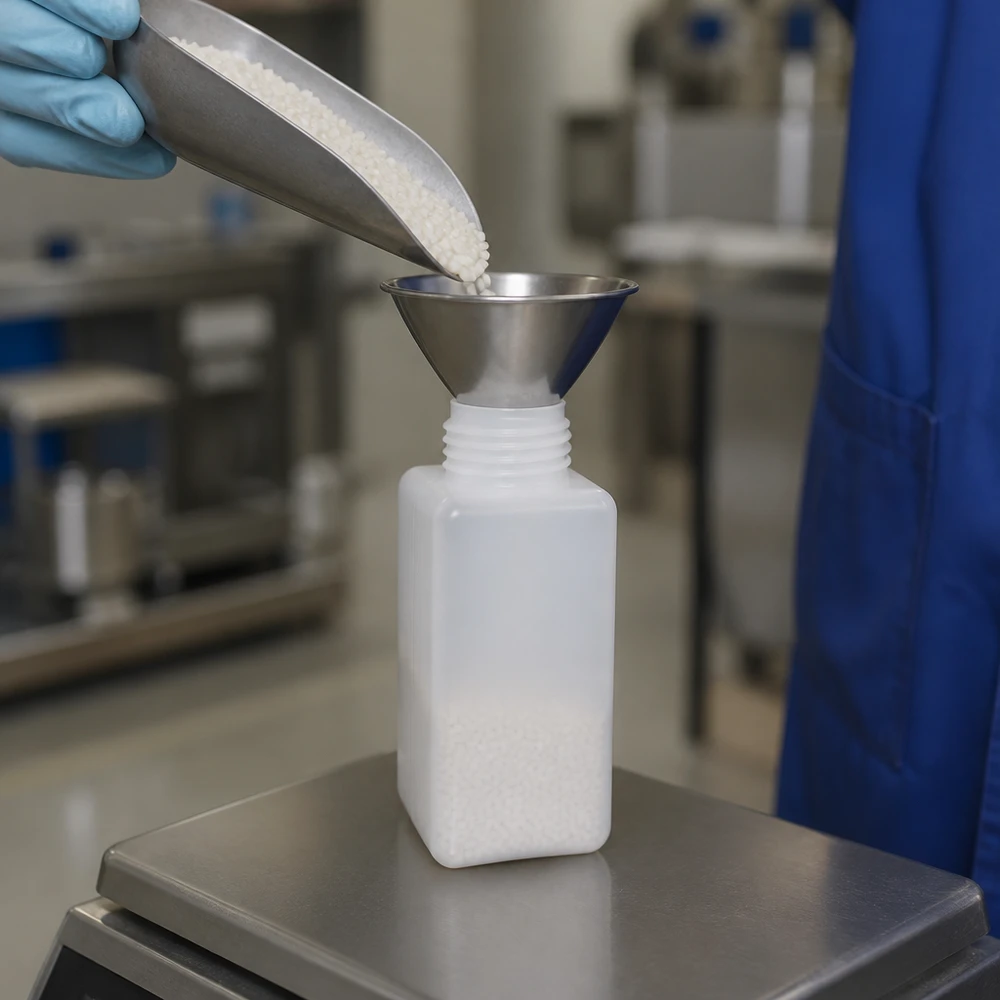 Laborant napełnia biały granulat przez lejek ze stali nierdzewnej do butelki z szeroką szyjką z PE-HD o pojemności 1500 ml na wadze precyzyjnej