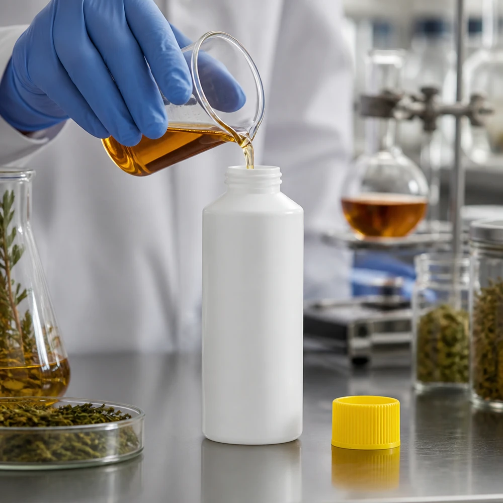 Biała butelka apteczna z HDPE o pojemności 100 ml z żółtym zamknięciem zabezpieczającym podczas napełniania w laboratorium