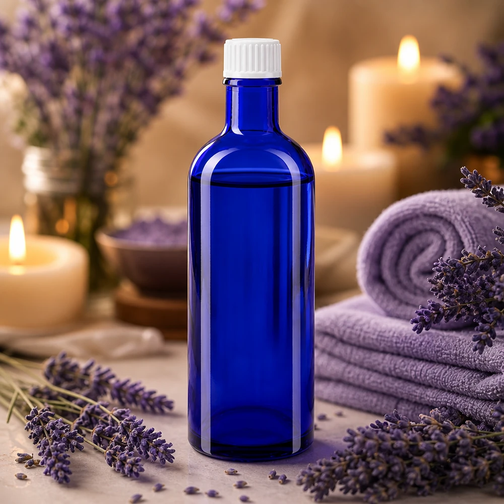 Szklana butelka o pojemności 200 ml w kolorze kobaltowym z białym zakrętkiem do olejków eterycznych
