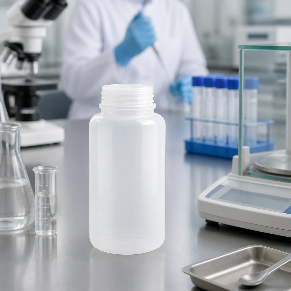 Mlecznobiała butelka laboratoryjna o pojemności 1000 ml z szeroką szyjką, bez pokrywki, przed mikroskopem i wagą laboratoryjną