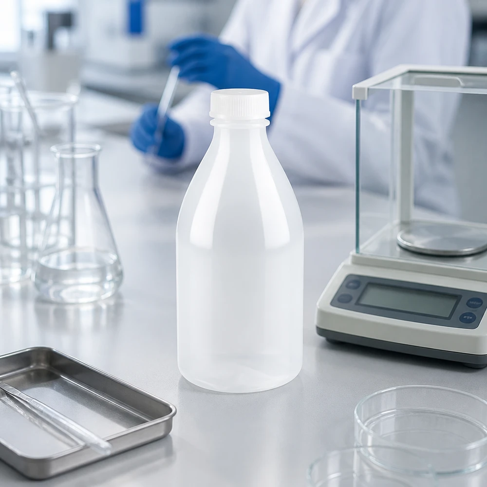 Mała butelka laboratoryjna o pojemności 100 ml z wąską szyjką, wykonana z tworzywa HDPE, stojąca obok wagi analitycznej w laboratorium badawczym