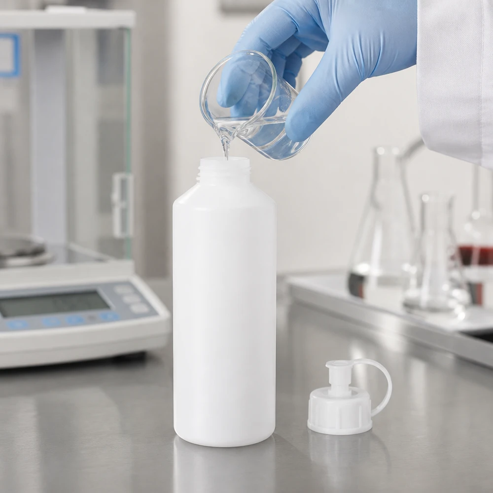 Napełnianie białej butelki aptecznej z HDPE o pojemności 100 ml przezroczystym płynem z zlewki