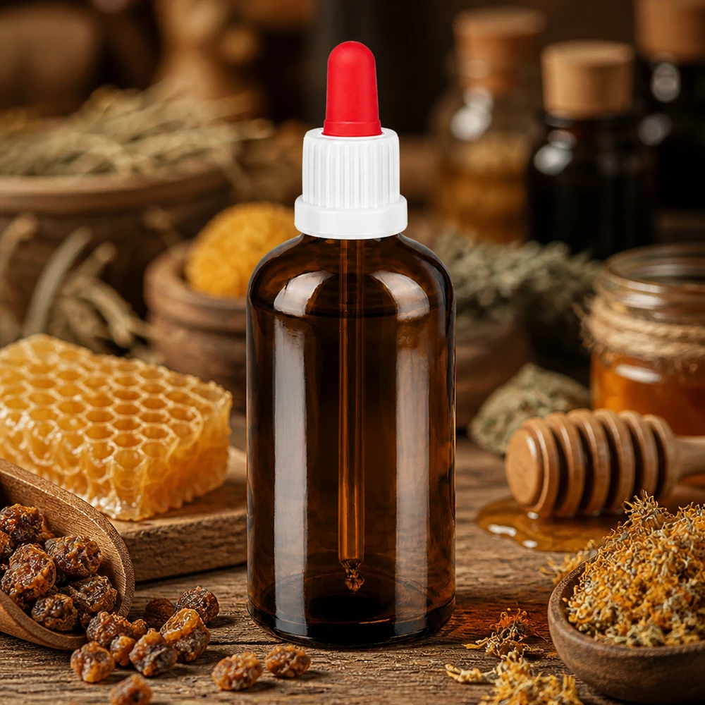 Butelka do leków płynnych 100 ml biała/czerwona OV BrownLine UT18/100 Butelka z zakraplaczem 100 ml z gwintem UT18, idealna do zastosowań laboratoryjnych i preparatów medycznych