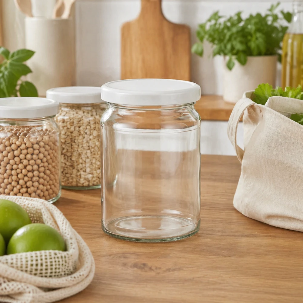 205 ml okrągły słoik z białym wieczkiem BasicSeal UNiTWIST 205ml Rundglas UNiTWIST in nachhaltiger Zero-Waste Küche mit Getreide und Öko-Beuteln - umweltfreundliche Vorratshaltung