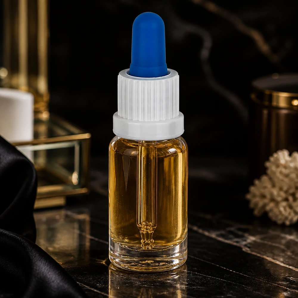 Butelka z pipetą 10 ml biała/niebieska OV ClearL. UT18/10 Elegancka buteleczka z pipetą o pojemności 10 ml, wykonana z przezroczystego szkła, zawierająca bursztynowy olejek na tle czarnego marmuru