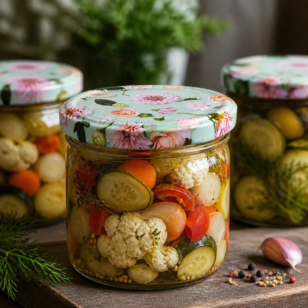 Szklany słoik o pojemności 260 ml z pokrywką w kształcie kwiatu BasicSeal, wypełniony marynowanymi warzywami i przyprawami do przetworów.