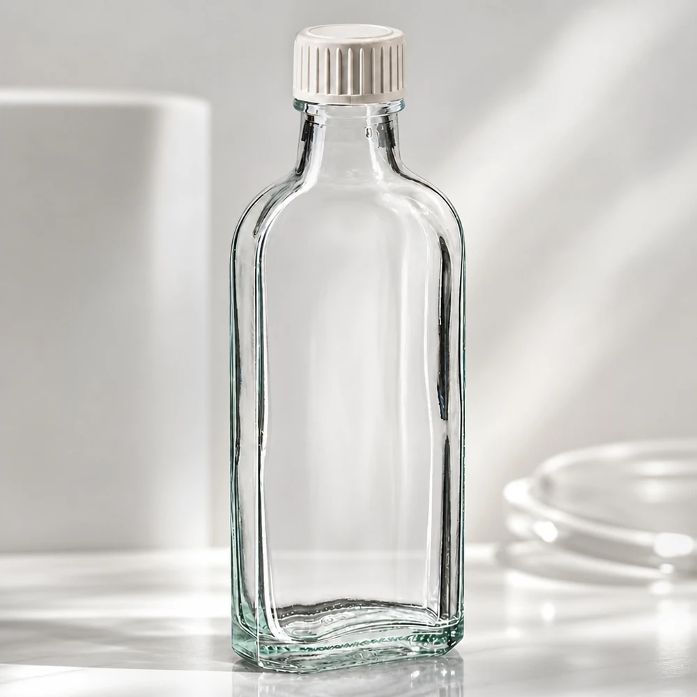 Przezroczysta szklana butelka o pojemności 100 ml, o spłaszczonym kształcie i białym zakrętku z PE
