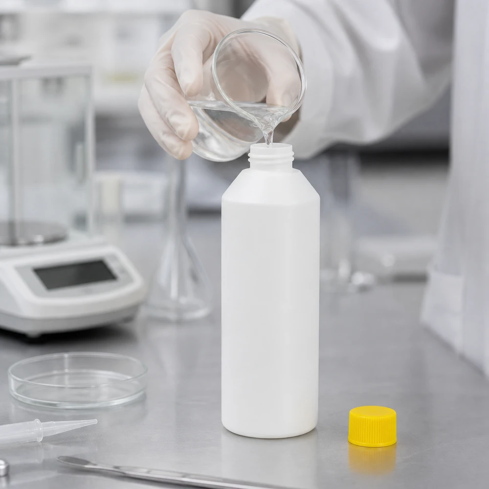 Biała butelka apteczna z HDPE o pojemności 250 ml jest napełniana płynem w laboratorium
