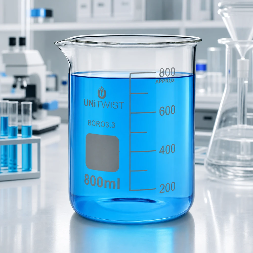 Zlewka 800ml borokrzemianowa, niski kształt UNiTWIST Szklanka UNiTWIST o pojemności 800 ml, wykonana z borokrzemianu, o niskim profilu, z niebieską cieczą w laboratorium
