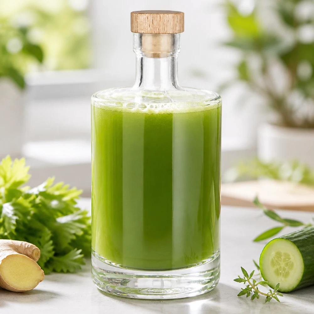 500ml szklana butelka Marie wypełniona sokiem z zielonych warzyw - drewniany korek - lifestylowe zdjęcie z ogórkiem i imbirem