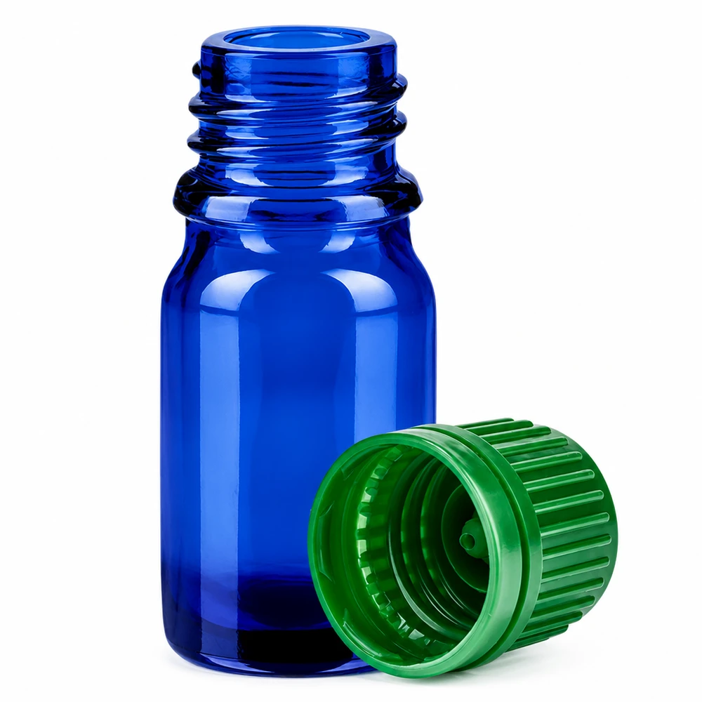 Butelka 5 ml 11 mm SV zielona OV BlueLine UT18/5 Niebieska butelka do aromaterapii o pojemności 5 ml z zieloną pokrywką na olejki zapachowe i esencje