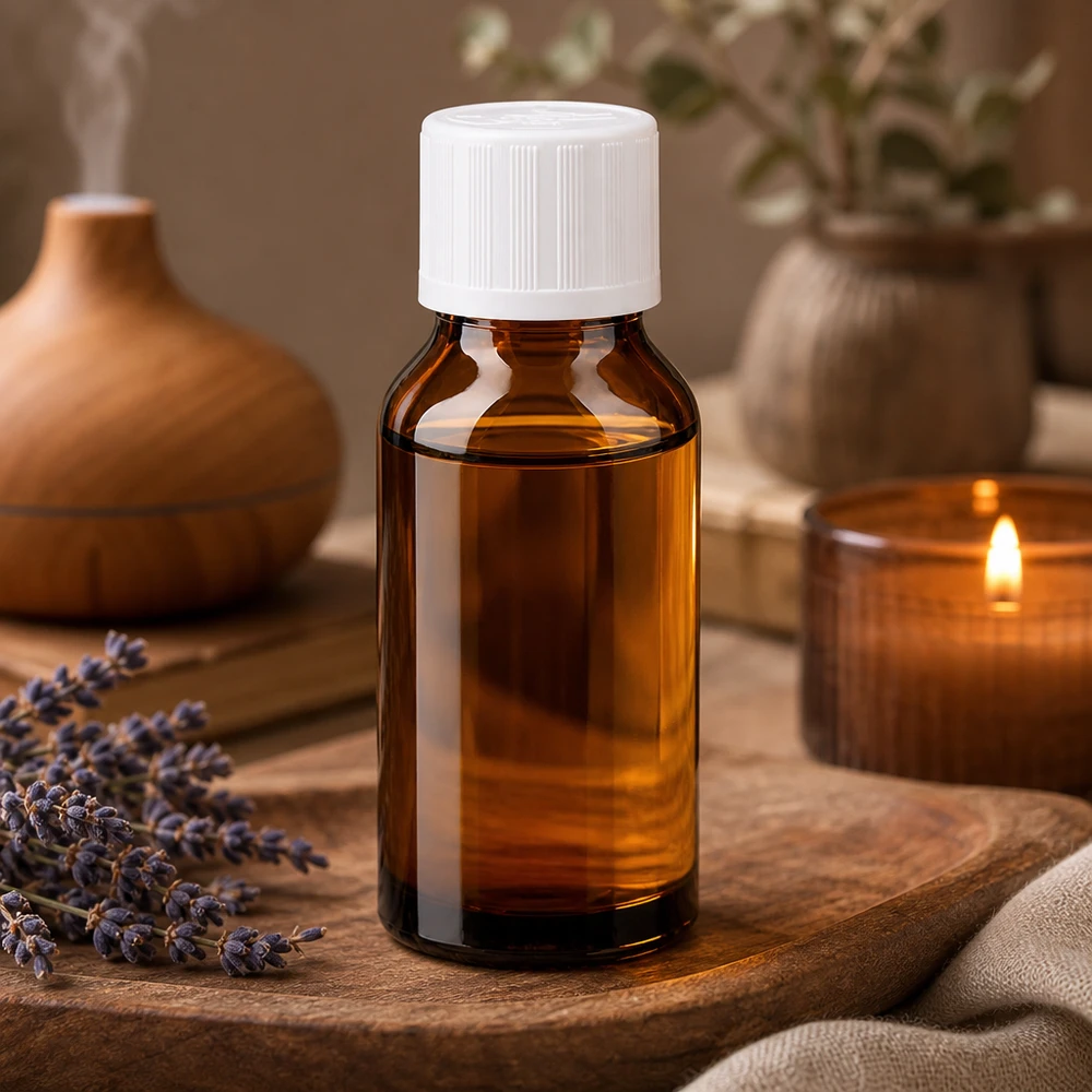 Butelka apteczna brązowa 15ml zakrętka biała KiSi St Fioletowa buteleczka do aromaterapii o pojemności 15 ml z białym zamknięciem zabezpieczającym dla dzieci, obok świecy i lawendy