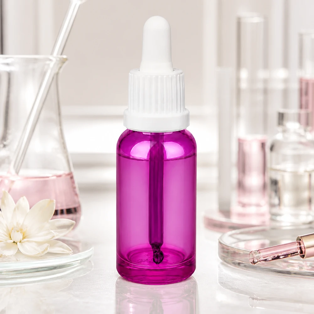 Mała 20 ml butelka z pipetą w kolorze fioletowym z praktycznym zakraplaczem