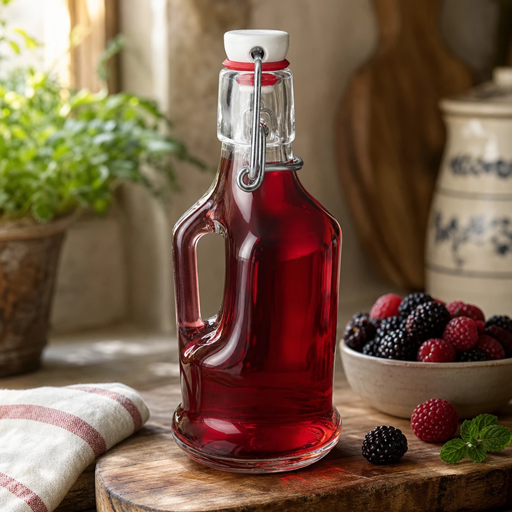 200ml szklana butelka Bertha z czerwonym jagodowym wypełnieniem lifestyle'owa scena kuchenna atmosfera porcelanowa huśtawka UNiTW