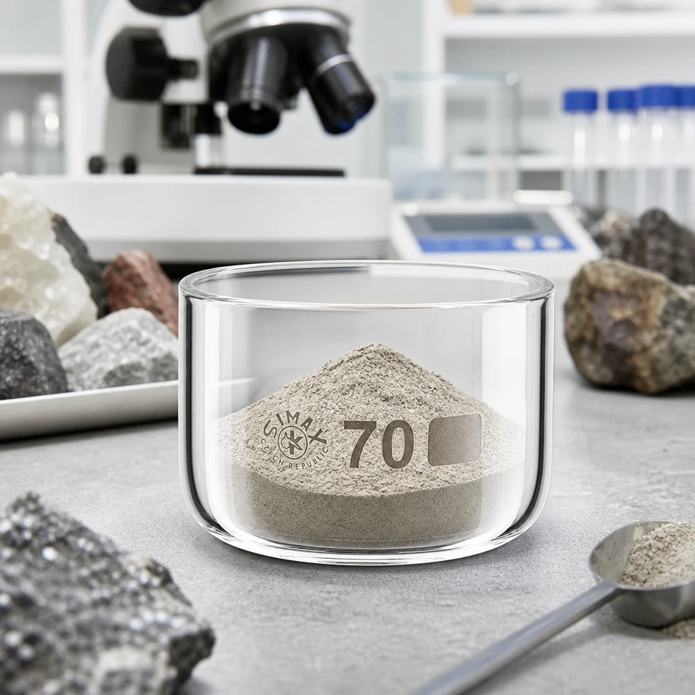Miska krystalizacyjna Simax 70 mm z szarym proszkiem mineralnym na stole laboratoryjnym obok próbek skał i mikroskopu