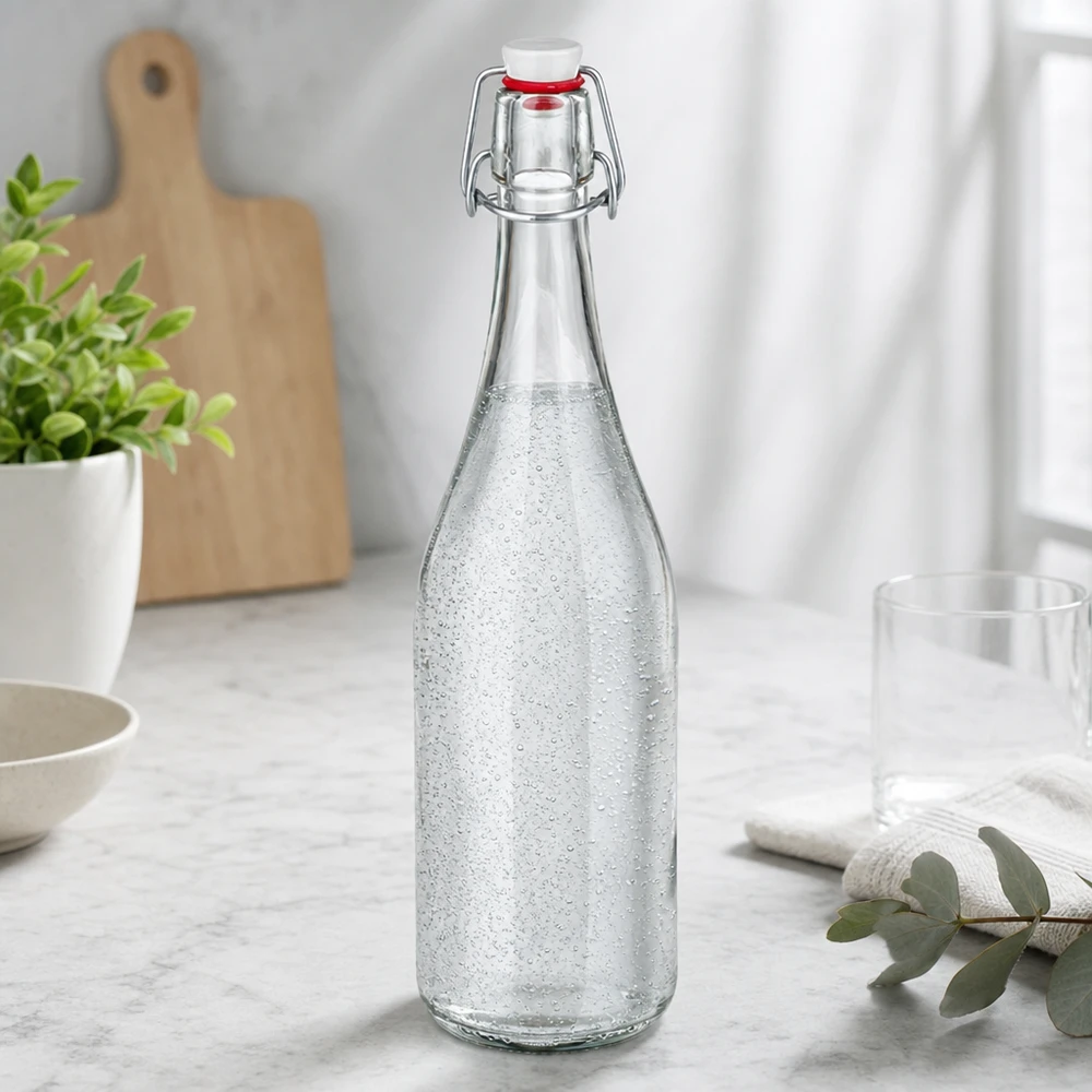 Szklana butelka 750 ml i zamknięcie z uchwytem PVC UNiTWIST 750 ml szklana butelka z obrotową górą wypełniona wodą gazowaną Sceneria kuchenna marmurowy blat nowoczesny