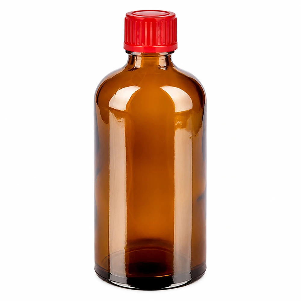 Butelka 100 ml 11 mm SV czerwona STD BrownLine UT18/100 Butelka z bursztynowego szkła o pojemności 100 ml z czerwoną zakrętką do leków i chemikaliów