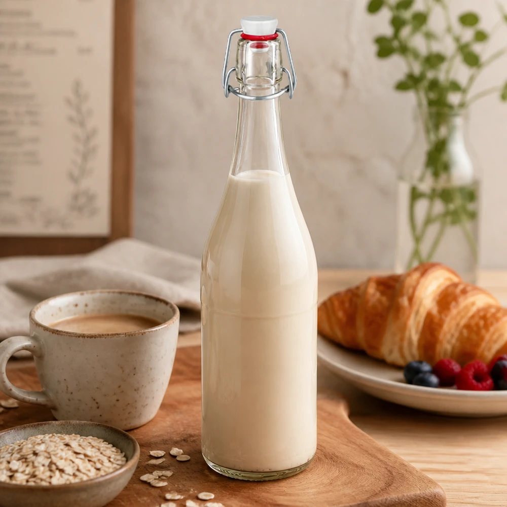 Szklana butelka 750 ml i zamknięcie z uchwytem PVC UNiTWIST 750ml szklana butelka typu swing top wypełniona mlekiem Scena kuchenna rogalik śniadaniowy płatki owsiane naturalny