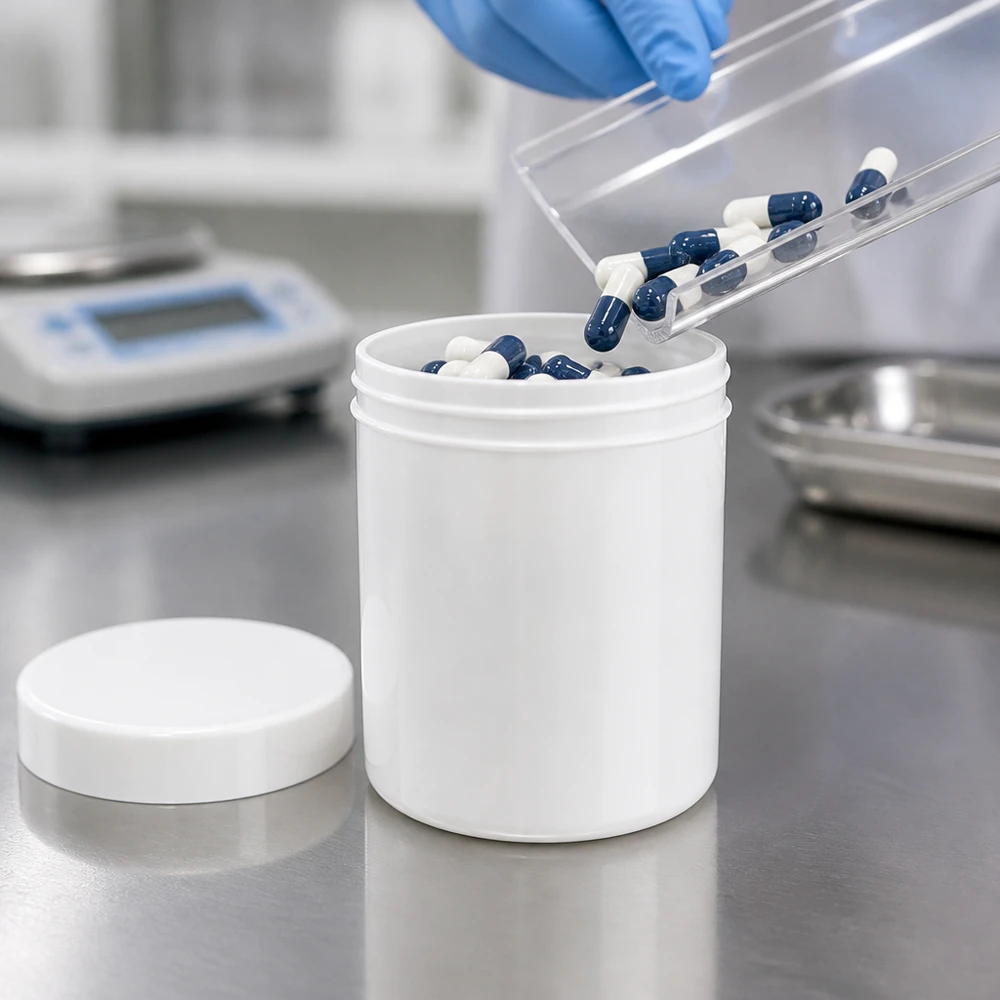 Biały słoik na maść z PP o pojemności 100 g jest napełniany niebiesko-białymi kapsułkami w laboratorium farmaceutycznym