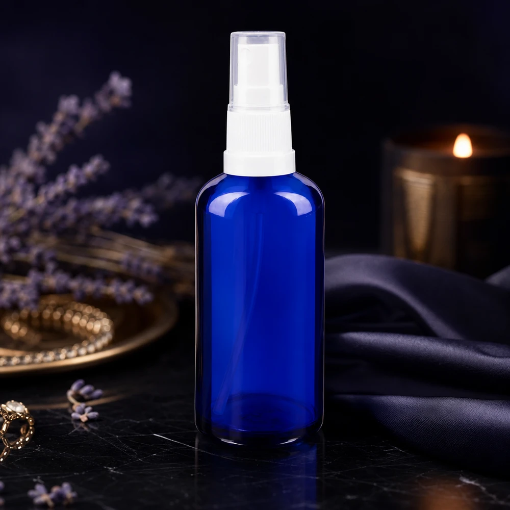 Butelka aptekarska z rozpylaczem o pojemności 50 ml w kolorze kobaltowym z białym pompowym rozpylaczem i dekoracją w kształcie lawendy