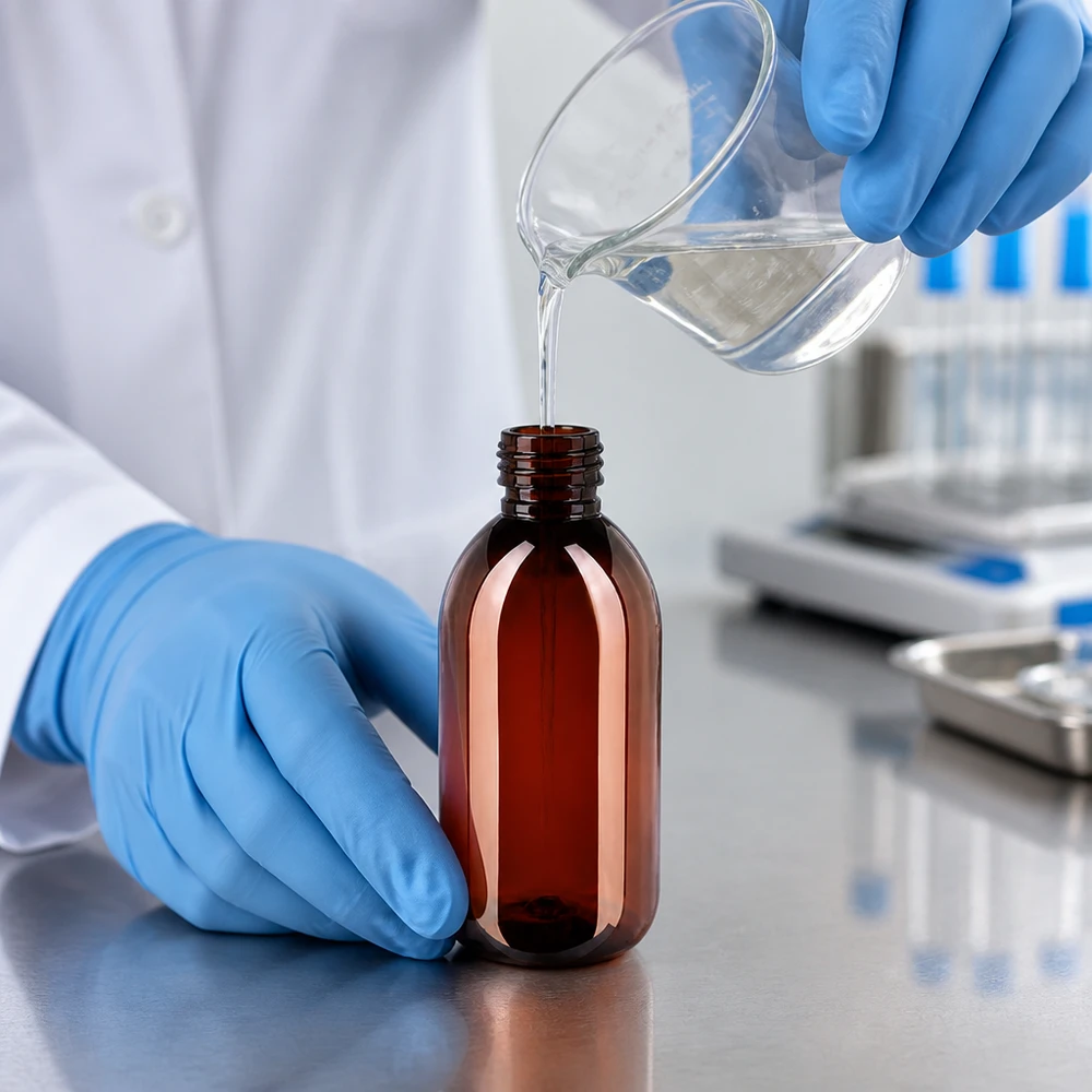Butelka PET 250 ml z brązową nakrętką Standard Pharmazeutische Abfüllung in braune 250ml PET Kunststoffflasche mit Standardverschluss im Fachlabor