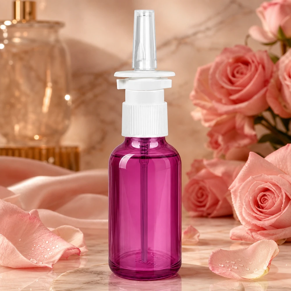 Butelka z rozpylaczem do nosa 30ml biała/przezroczysta standard PurpleLine. UT18/30 Praktyczna butelka z aerozolem do nosa o pojemności 30 ml w eleganckim fioletowym kolorze z ergonomiczną białą pompką.
