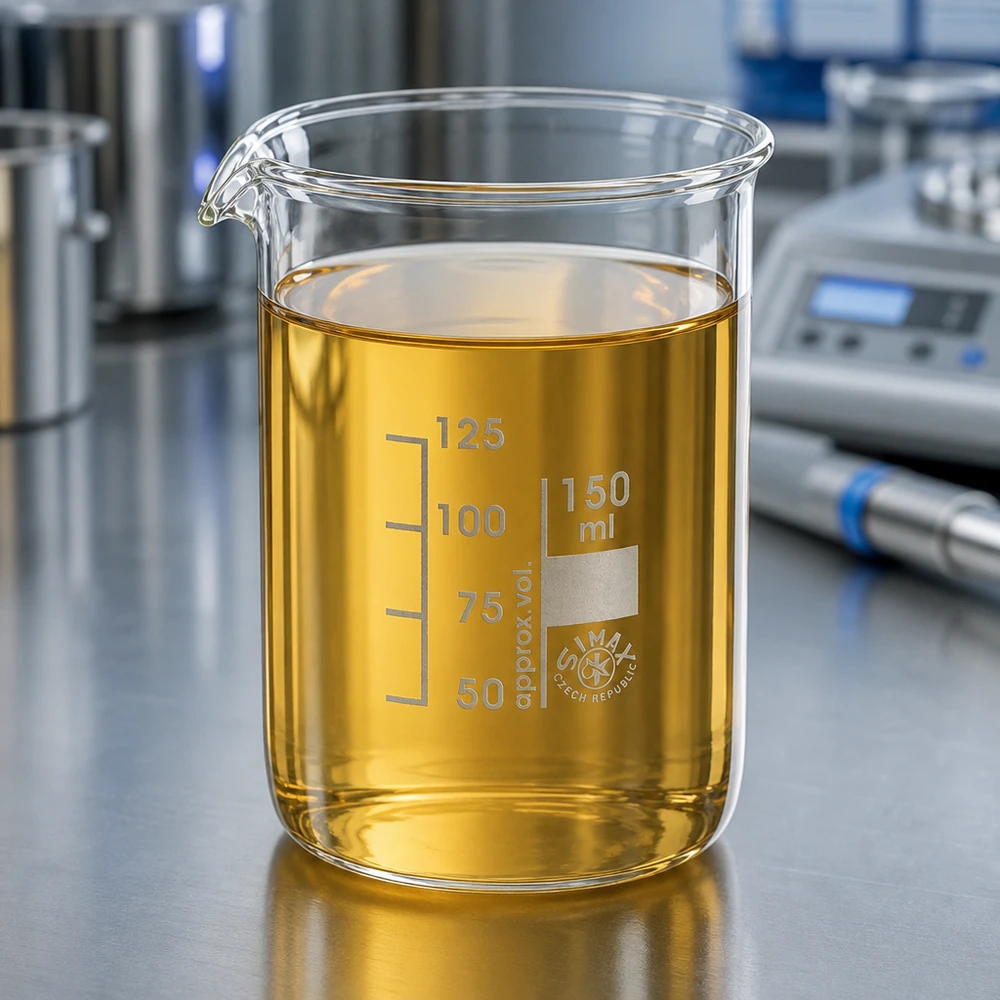 Zlewka 150 ml ze szkła borokrzemowego, niski kształt Zlewka chemiczna 150 ml z roztworem w kolorze bursztynowym na stanowisku laboratoryjnym