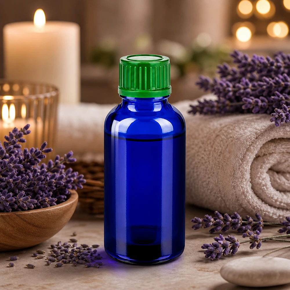 30 ml szklana butelka BlueLine ze standardową zieloną nakrętką do aromaterapii i kosmetyków