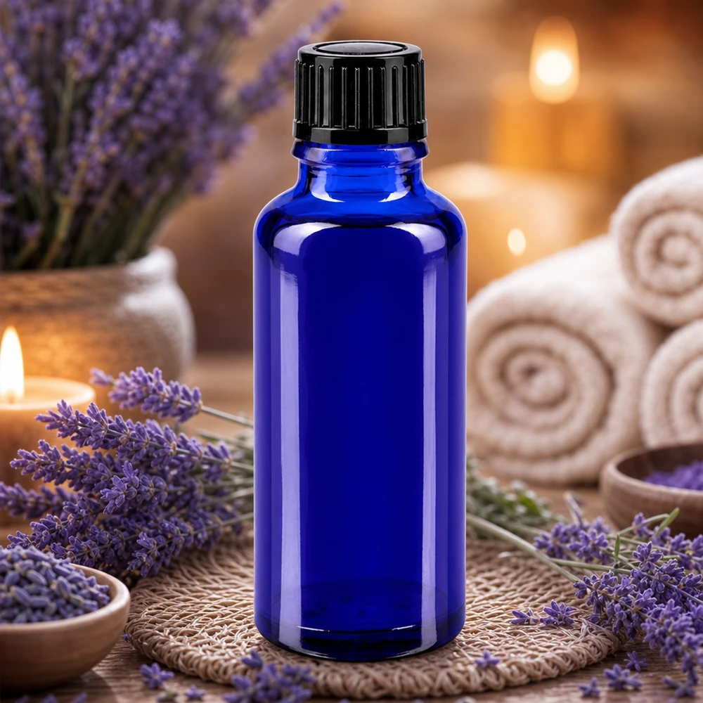 Butelka apteczna niebieska 30ml zakrętka czarna szt. Niebieska szklana buteleczka o pojemności 30 ml z czarną nakrętką, otoczona kwiatami lawendy i świecami