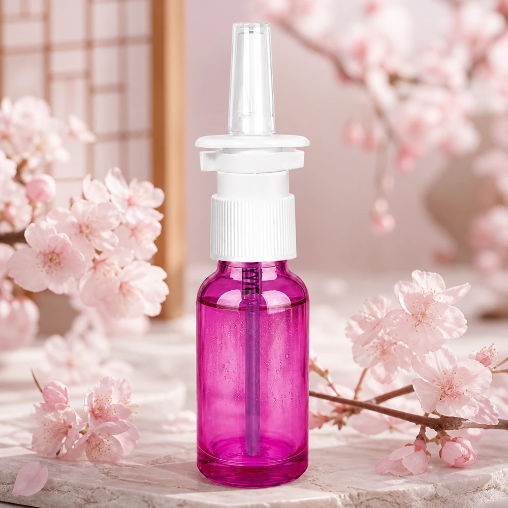 Butelka z rozpylaczem do nosa 20ml biała/przezroczysta standardowa PurpleLine. UT18/20 Praktyczna 20 ml butelka z rozpylaczem do nosa z gwintem STD w kolorze fioletowym do zastosowań medycznych