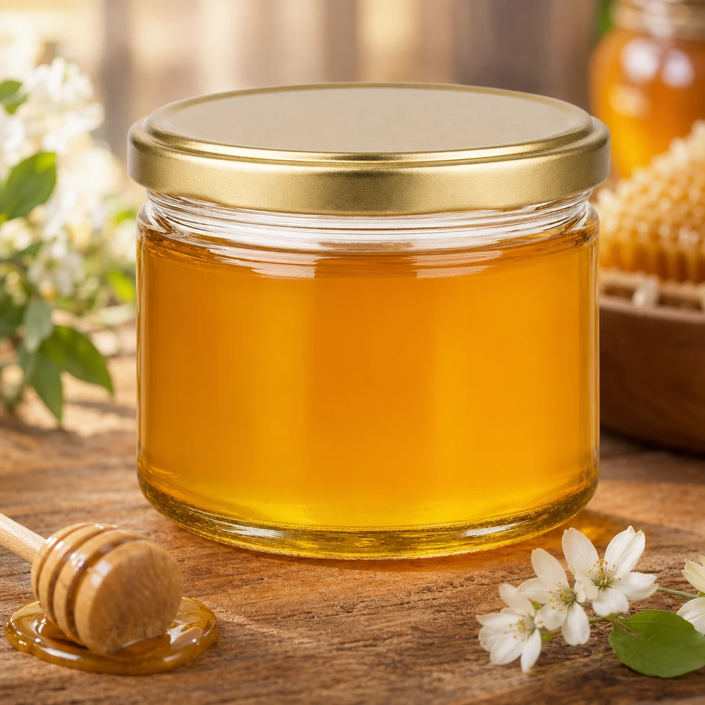 700g słoik miodu BasicSeal ze złotą pokrywką na drewnianym stole ozdobionym białymi kwiatami i łyżką miodu