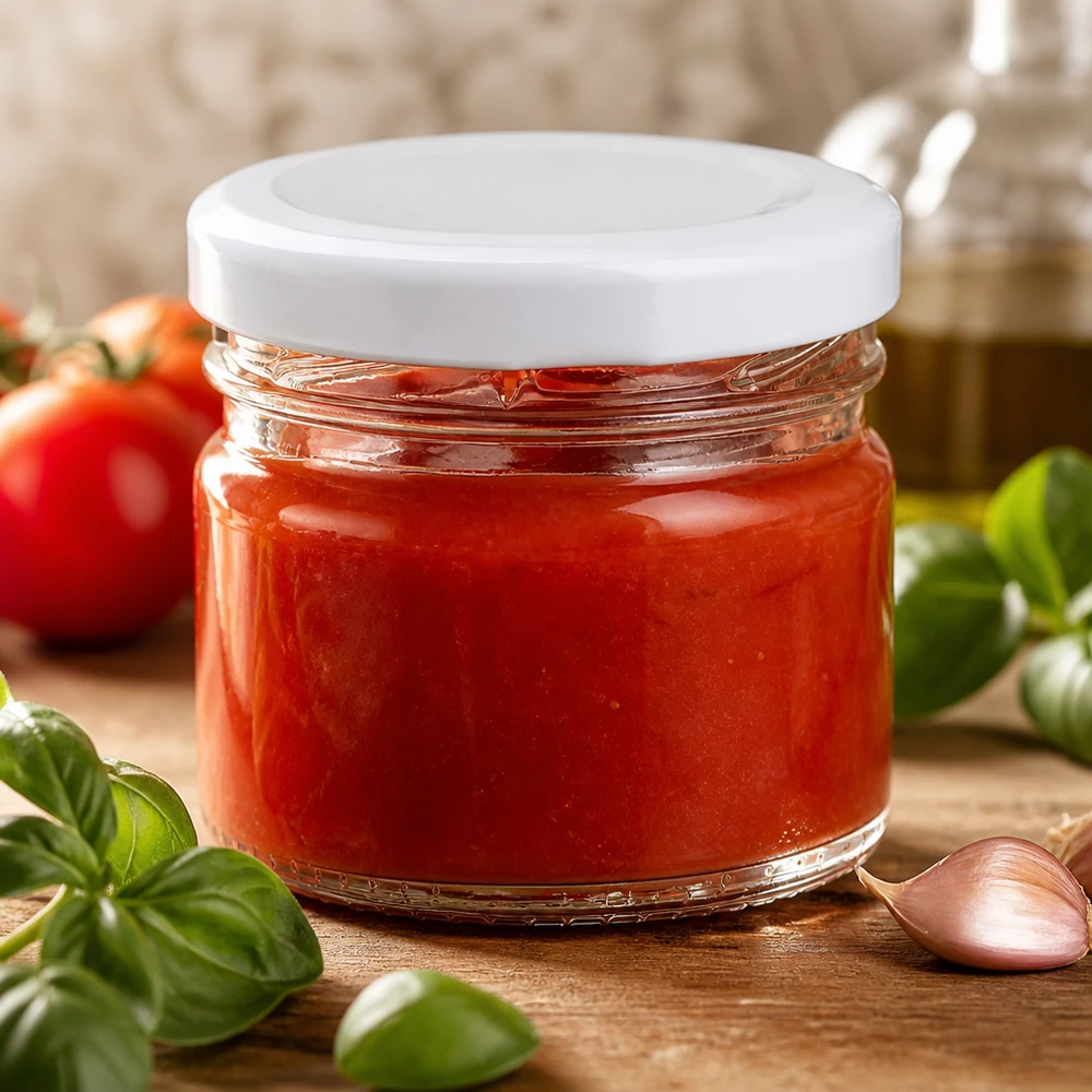 Okrągła szklanka 33 ml + biała pokrywka BasicSeal UNiTWIST Okrągła szklana butelka UNiTWIST o pojemności 33 ml z białą pokrywką BasicSeal, wypełniona czerwonym sosem pomidorowym, na drewnianym stole