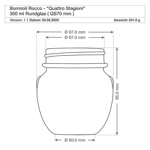 Słoik okrągły 300 ml „Quattro Stagioni” z pokrywką Rysunek techniczny okrągłej szklanki Quattro Stagioni o pojemności 300 ml z wymiarami i pokrywką Bormioli Rocco