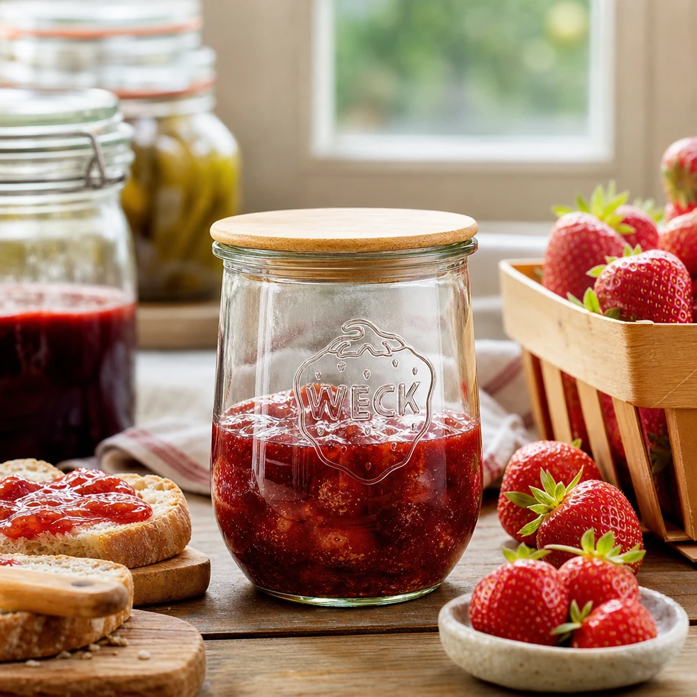 Słoik tulipanowy WECK RR100 o pojemności 1062 ml z drewnianą pokrywką WECK tulipanowy słoik RR100 1062ml z drewnianą pokrywką wypełniony dżemem truskawkowym na kuchennym stole ze świeżymi truskawkami