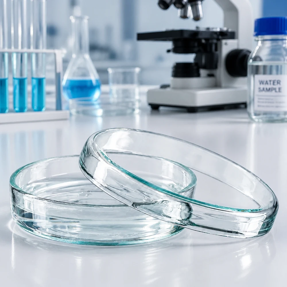 Szklana szalka Petriego o wymiarach 70 x 15 mm z pokrywką w laboratorium obok mikroskopu i próbki wody
