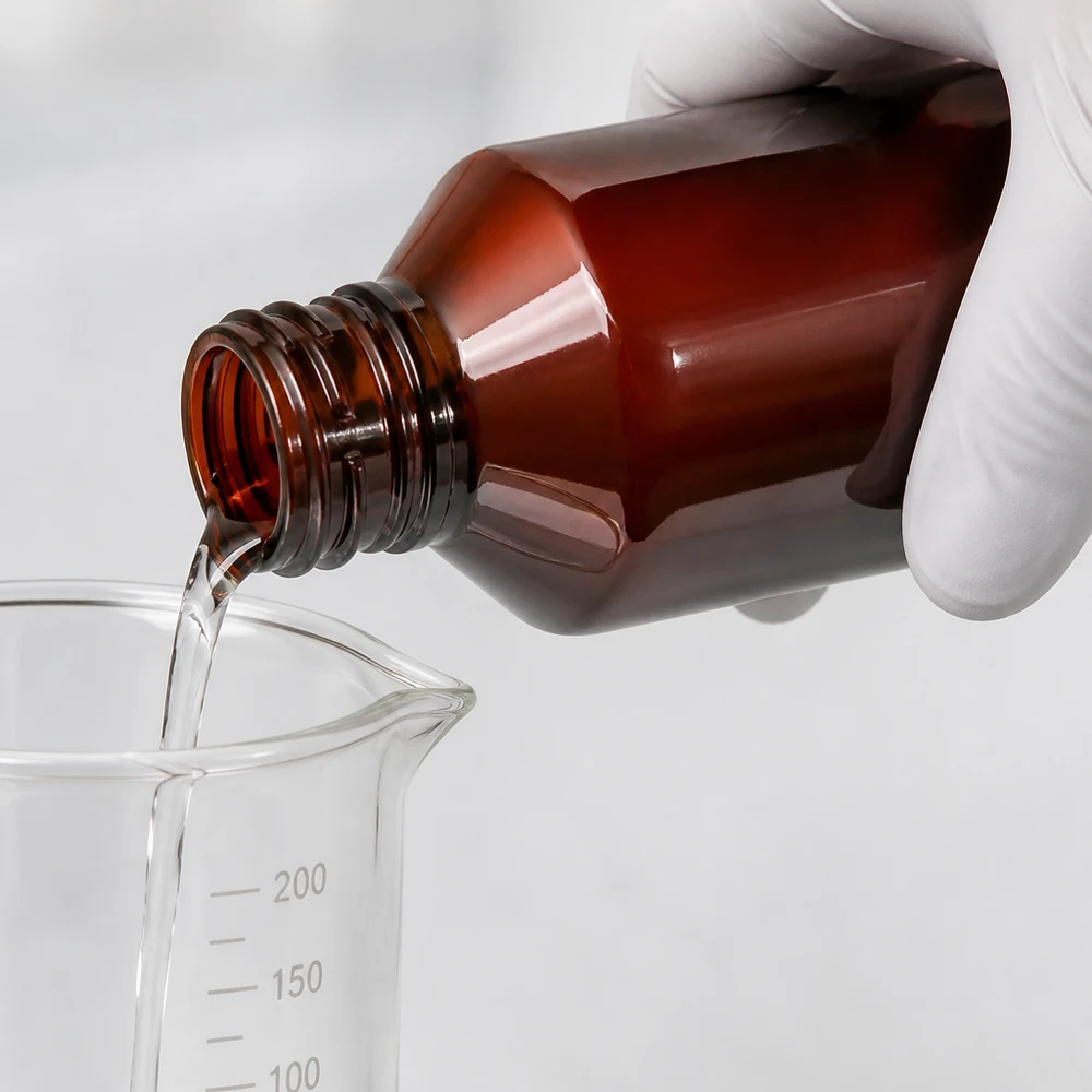 Braune UV-Schutz Kunststoffflasche 200ml mit kindersicherem OV beim Einschenken in Messbecher