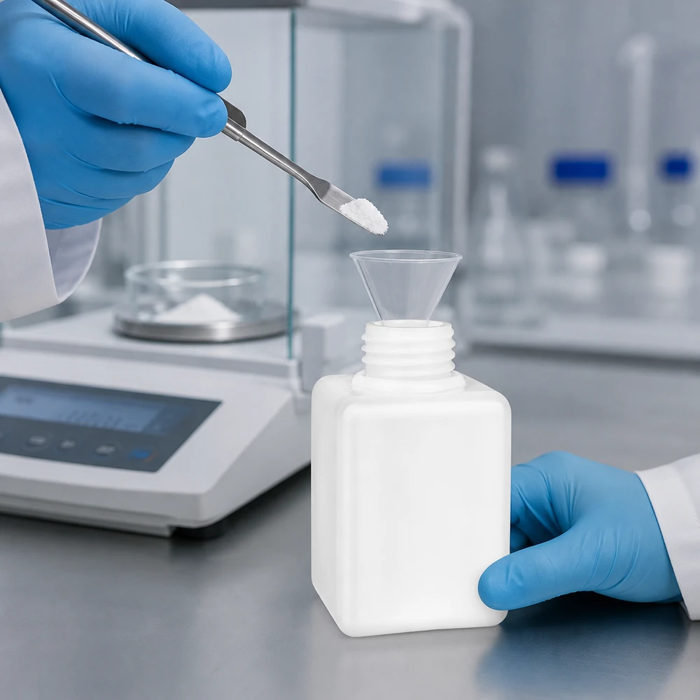 Biała butelka laboratoryjna z PE-HD o pojemności 100 ml, z wąską szyjką GL 25 i lejkiem, przeznaczona do precyzyjnego napełniania proszkiem
