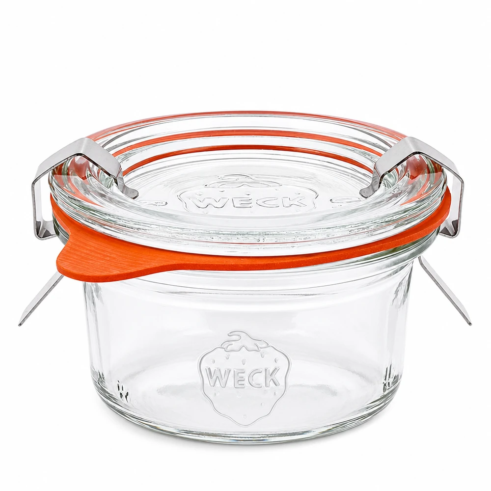 WECK 50 ml kubki RR60 ze szklaną pokrywką i pomarańczowym gumowym pierścieniem, kompletny zestaw do konserwowania i puszkowania
