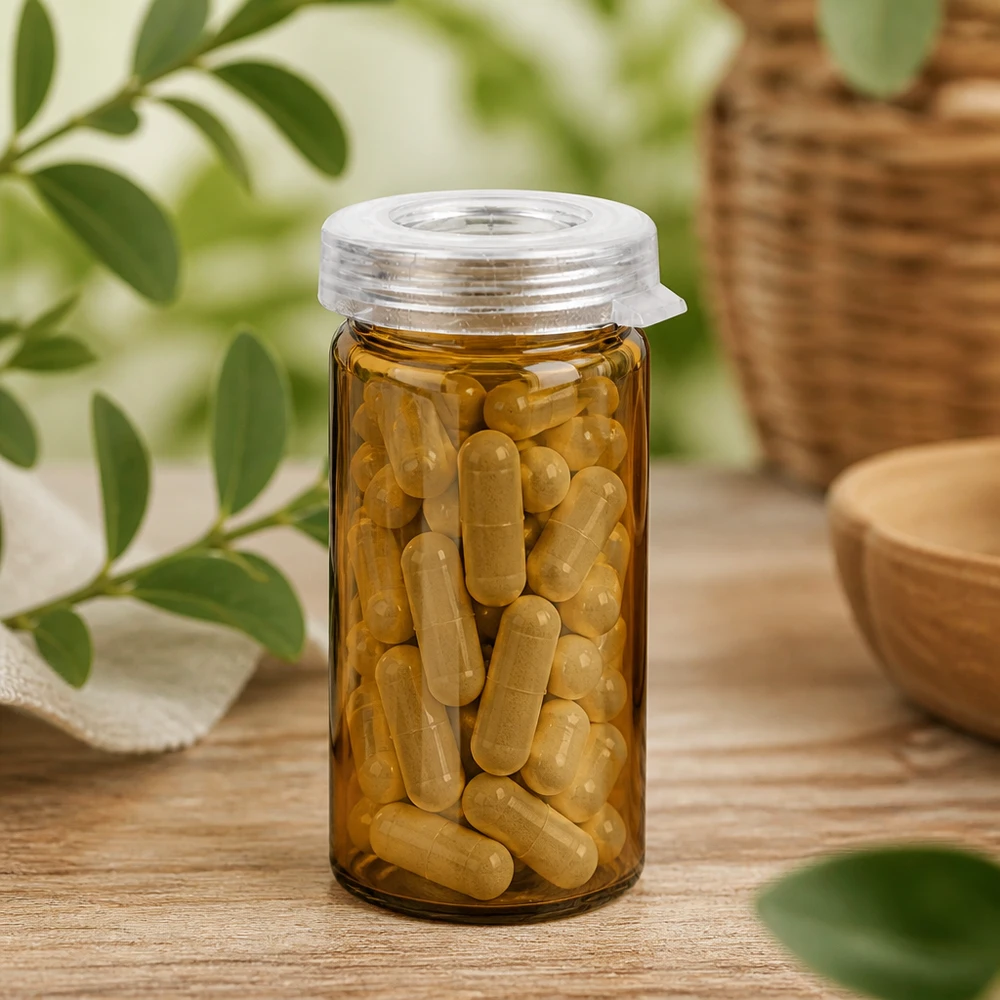 Szklany pojemnik na tabletki w kolorze bursztynowym o pojemności 5 ml, zawierający kapsułki w kolorze złocistożółtym, umieszczony na drewnianej powierzchni z naturalnym wzorem