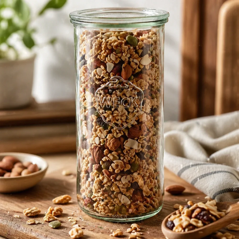 Kubki o pojemności 1500 ml ze szklaną pokrywką WECK RR100 Słoik do przechowywania WECK RR100 1500 ml wypełniony orzechami, musli i suszonymi owocami na drewnianym stole Słoik do przechowywania w kuchni
