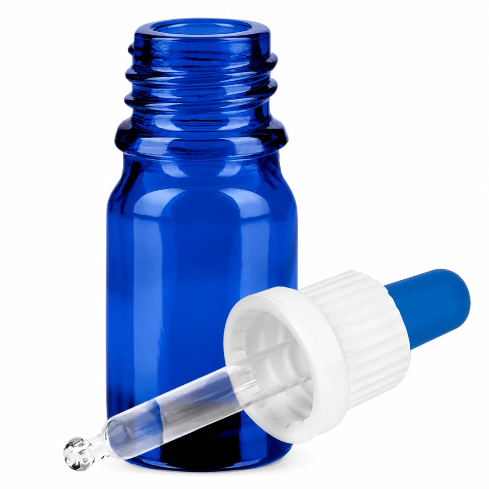 Niebieska szklana butelka 5 ml z pipetą i białym zakraplaczem do dokładnego dozowania