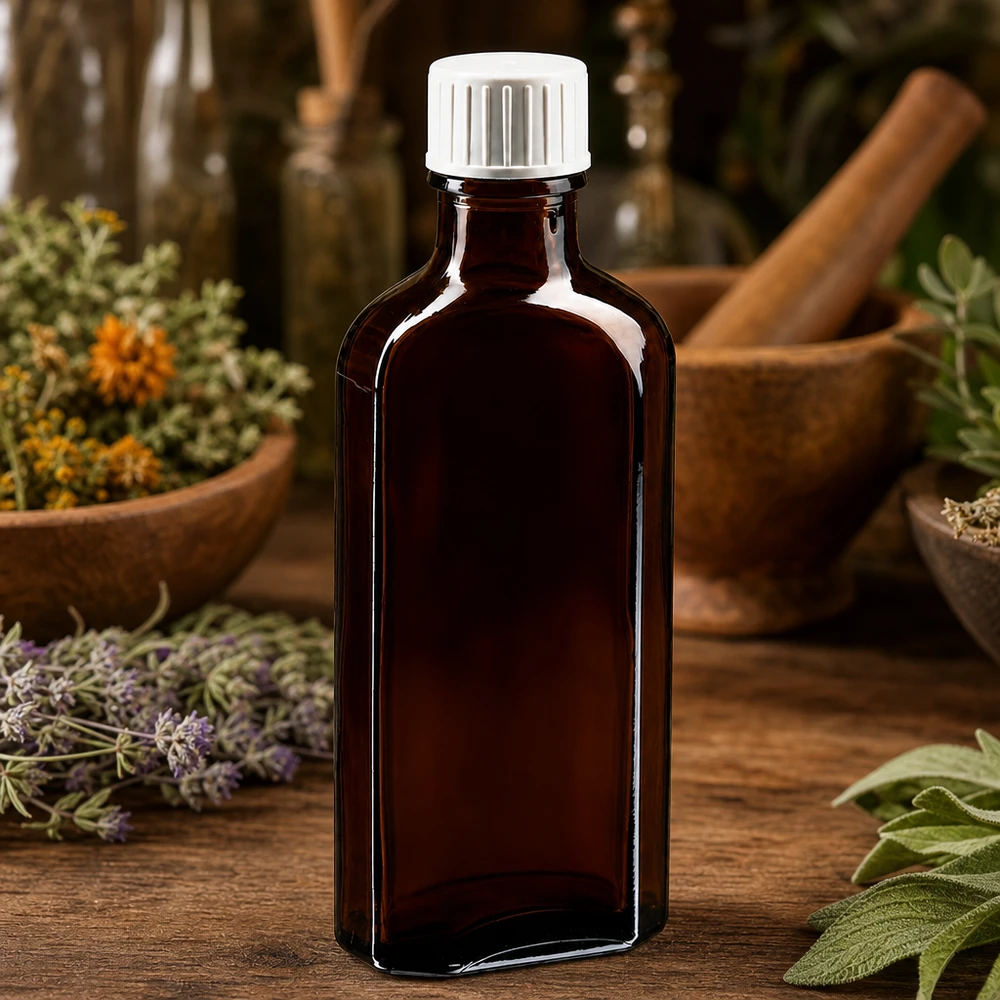 100 ml Brązowa zakrętka Meplat z pierścieniem do nalewania Płaska butelka apteczna z brązowego szkła o pojemności 100 ml, z zakrętką zabezpieczoną przed dziećmi i pierścieniem do nalewania