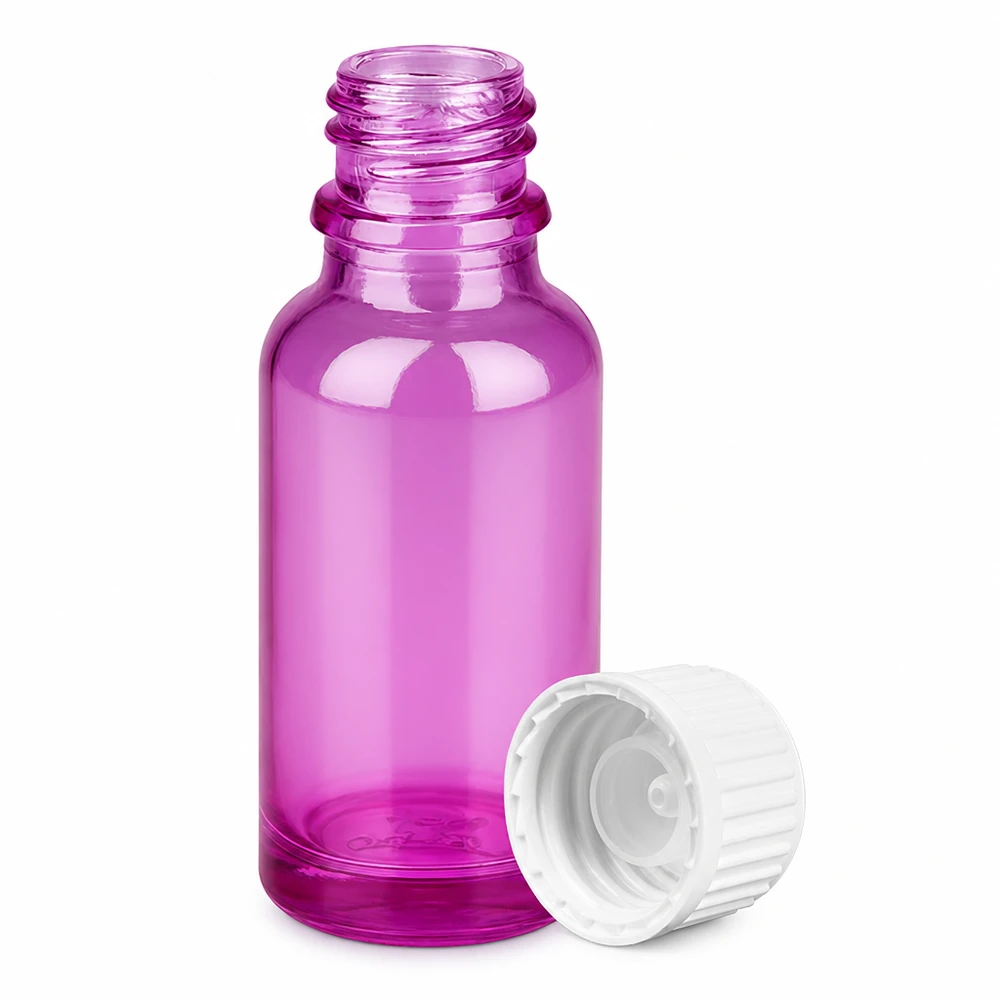 Butelka 20ml (kuleczka) 3mm pierścień nalewowy biały standardowy PurpleLine.UT18/20 Mała szklana butelka z zakraplaczem o pojemności 20 ml w kolorze przezroczystego fioletu z praktyczną zakrętką