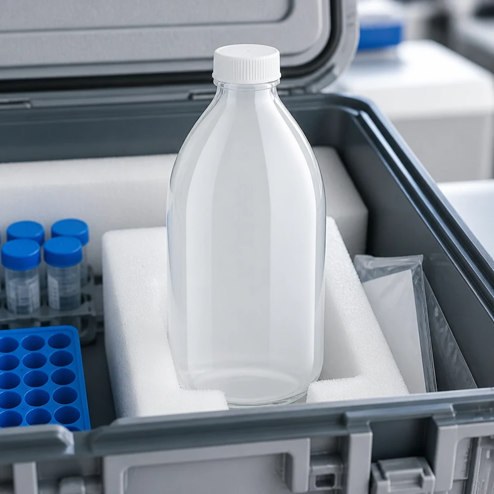 Butelka laboratoryjna 500 ml z wąską szyjką bez zakrętki Butelka laboratoryjna o wąskiej szyjce o pojemności 500 ml, bez zamknięcia, w pudełku transportowym z wyściółką z pianki