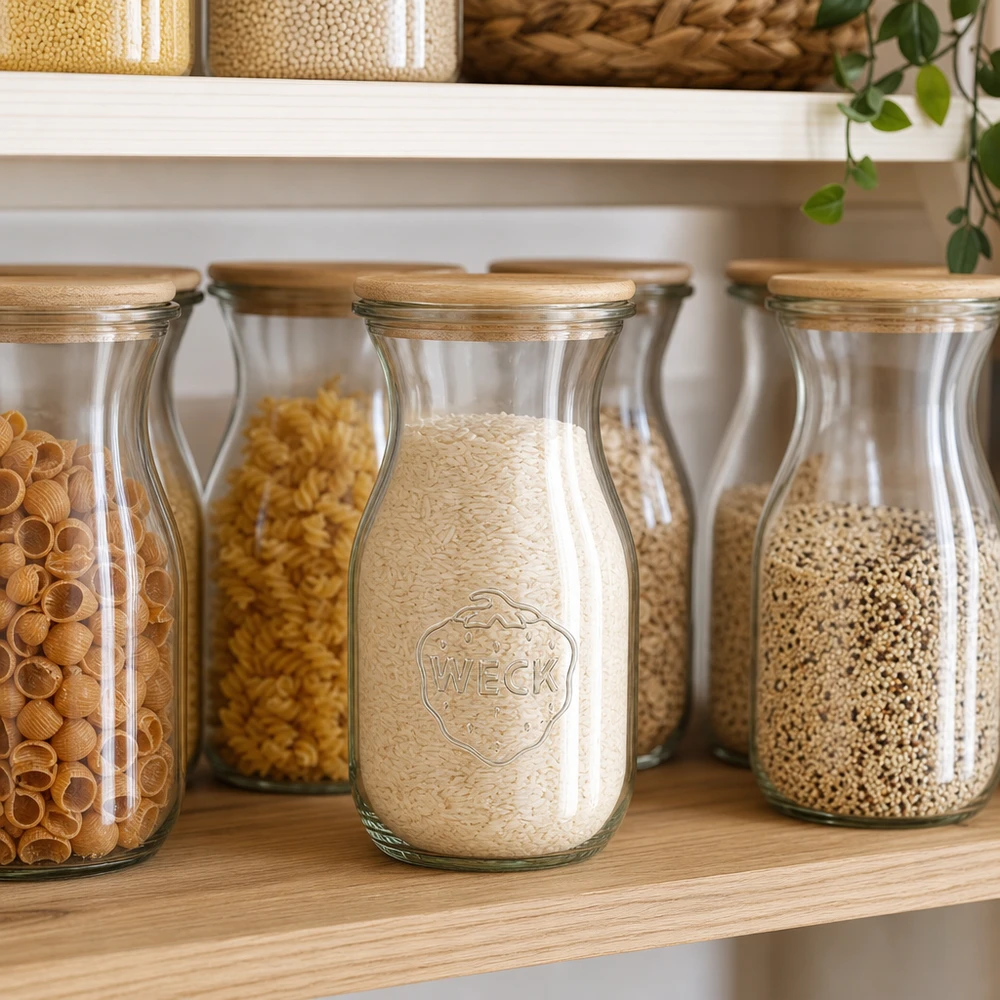 Butelka na sok 290 ml WECK z drewnianą pokrywką WECK Saftflasche 290ml mit Holzdeckel als Vorratsjar für Reis in skandinavischer Pantry mit Getreidegläsern