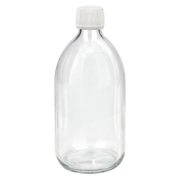 Butelka na lek 500 ml przezroczysta, biała zakrętka z pierścieniem zabezpieczającym ApoGlas. Farmaceutyczna jakość produkcji UE. Gwint 28 mm (PP28). (syrop, butelka z lekkiego szkła) Butelka na lek 500 ml przezroczysta, biała zakrętka z pierścieniem zabezpieczającym ApoGlas. Farmaceutyczna jakość produkcji UE. Gwint 28 mm (PP28). (syrop, butelka z lekkiego szkła)