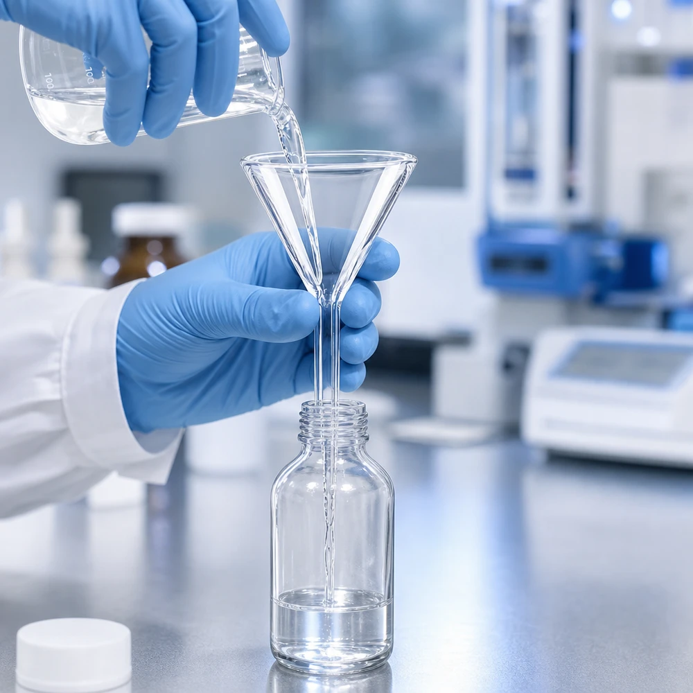 Lejek Ø 35 mm borokrzemianowy kątowy 60 krótki styl Krótki lejek laboratoryjny wykonany ze szkła borokrzemowego 35 mm do precyzyjnej dekantacji do butelek laboratoryjnych