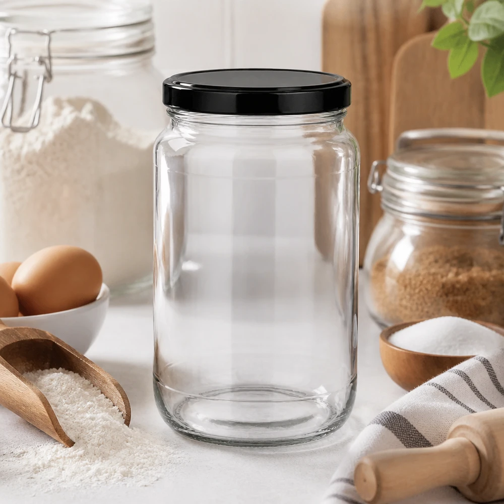 Słoik okrągły z pokrywką BasicSeal, 1700 ml, czarny UN.. Okrągły, pusty słoik o pojemności 1700 ml w nowoczesnej kuchni prezentuje elegancki design do wszechstronnego przechowywania i dekoracji.